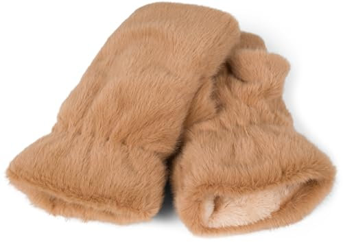 styleBREAKER Damen fingerlose Handschuhe aus kuscheligem Kunstfell - Warme Einfarbige Winterhandschuhe in Teddyfell Optik 09010049, Farbe:Camel