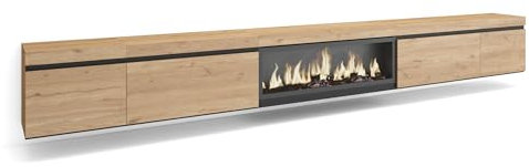 Skraut Home | Meuble TV | Banc Télé | Grand Espace de Rangement | 368x45x35 | Cheminée électrique XXL | Suspendu, Mural | Style Moderne | Chêne