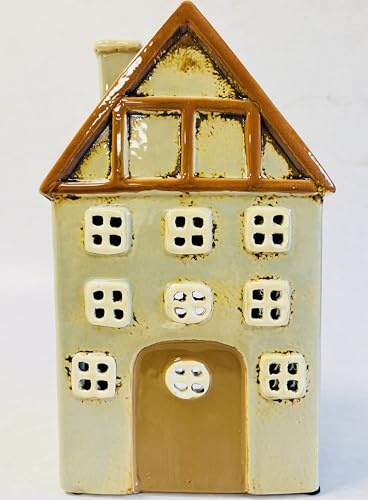 Tealight Candle Holder Housewarming Gift Cottage Ceramic Village Pottery House Ornament (Grey Tudor Cottage (22cm x 13cm))