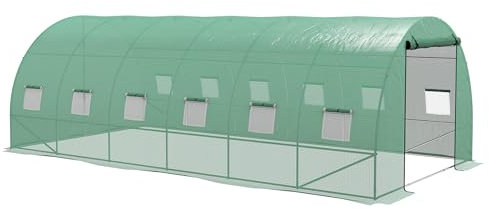 Outsunny Serre de Jardin 18 m², Serre Tunnel de Jardin avec 12 fenêtres Porte Enroulable, système d'arrosage intégré, Acier renforcé + PE Haute densité 140 g/m², 6 x 3 x 2 m, Vert
