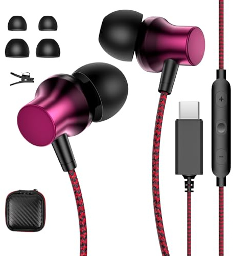 USB C Kopfhörer für iPhone 16e 17 Pro Max Galaxy A56 A55 A36 A35 A54 A17 5G,Typ C Headset USB C Anschluss HiFi Stereo In Ear Ohrhörer mit Kabel Mikrofon für Samsung S25 iPad Pixel 9 10 POCO X7 Pro,Rot