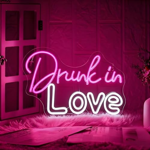 Drunk In Love Neon Schild, LED Rosa Weiß Neon Sign für Wand Deko, Dimmbare Brief Neonlichter USB Power für Schlafzimmer Wohnzimmer Home Bar Hochzeit Valentinstag Party