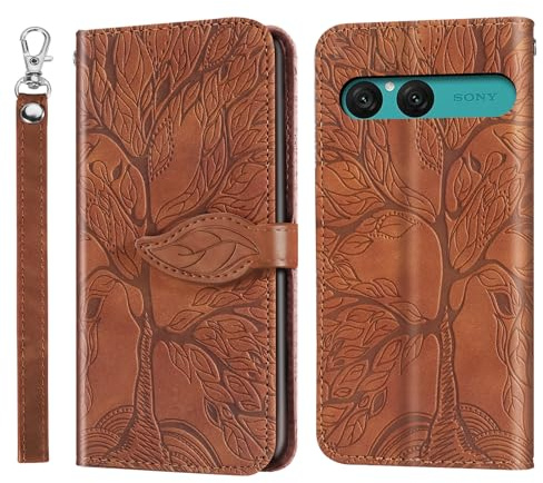 Rostsant Mobile Phone Case for Sony Xperia 10 VII Embossed Tree PU Leather Flip Case Wallet Case Cover for Sony Xperia 10 VII Brown