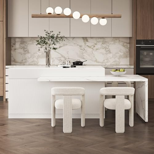 Homary Ausziehbarer Kücheninsel Weiße mit Stauraum und Sinterstein Arbeitsplatte, Umwandelbarer Esstisch für Küche und Esszimmer, 205-268cm x 90cm