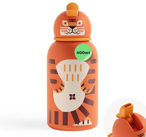 waterdrop® Borraccia Termica Bambini 400ml – Acciaio Inox Isolata, Antigoccia, con Cannuccia, con Disegni di Animali, Perfetta per Scuola, Asilo e Attività All’Aperto