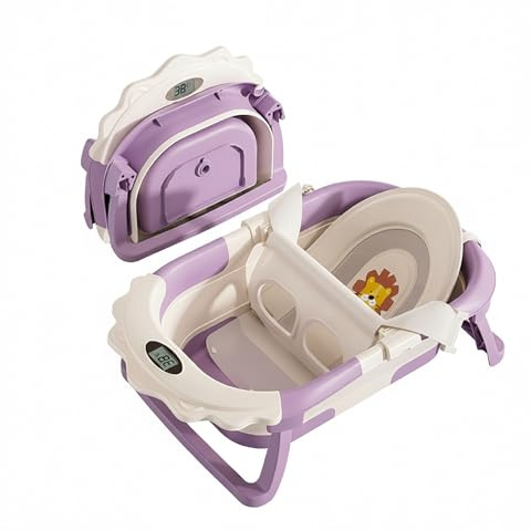 Faltbare Babybadewanne mit Thermometer und Badekissen-Stütze – Digitale Temperaturanzeige – Modell Löwe Lila und Weiß