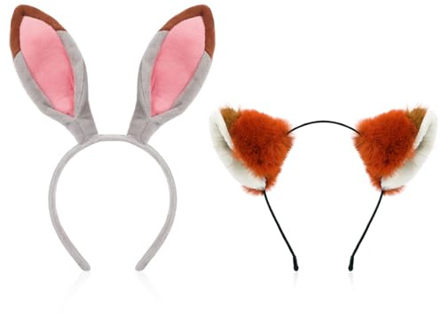 MWOOT Hasenohren Fuchsohren Haarreif, 2 Pcs Partner Haarreif Kostüme, Paar Karnevalskostüm, Niedlich Plüsch Tierohren Haarreife für Damen Herren, Kostümzubehör, Cosplay