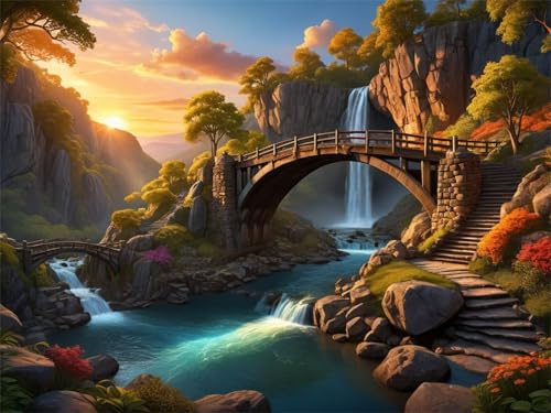 3000 Teile - 122 x 81 cm Puzzle für Erwachsene,Schwierig & herausfordernd,Familienspiel,Sonnenuntergangsbrücken-Wasserfall großes Klassische Jigsaw Puzzles,Geschenk für Puzzle-Liebhaber