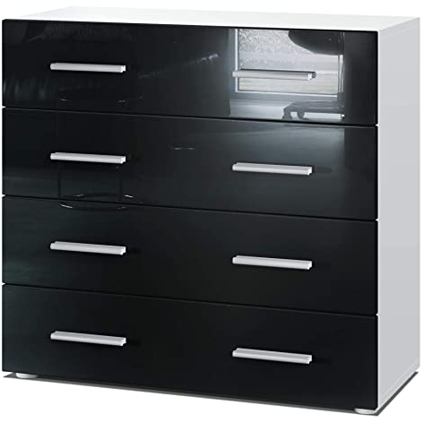 Vladon Sideboard Pavos, Kommode mit 4 Schubladen, Weiß matt/Schwarz Hochglanz (76 x 72 x 35 cm)