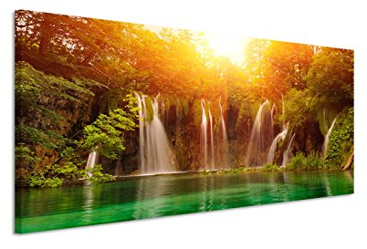 150x50cm Leinwandbild auf Keilrahmen Kroatien Nationalpark Wasserfall Sonne Wandbild auf Leinwand als Panorama