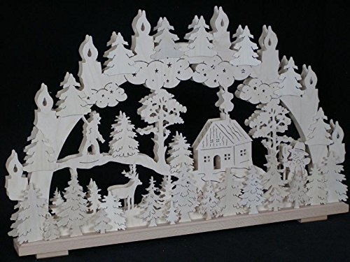 Rudolphs Schatzkiste Schwibbogen mit Waldmotiv mit Jäger Haus Schneemann und Beleuchtung BxHxT 70x44x7cm NEU Lichterbogen Fensterbogen Spitzbogen Erzgebirge Seiffen Weihnachten Licht Holz Dekoration