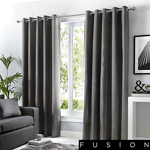 Fusion - Sorbonne - 100% Cotton Pair of Eyelet Curtains - 90 Width x 54 Drop (229 x 137cm) in Charcoal