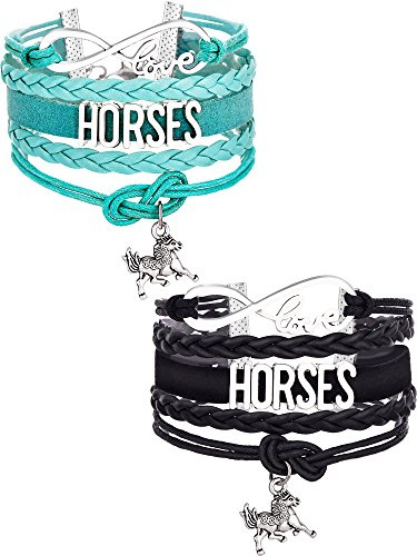 MTLEE 2 Pcs Horse Gifts for Women: Infinity Love Horse Charm Bracelets, Handmade Leather, Black & Blue, Wristband, Chain Bracelet with Charm
