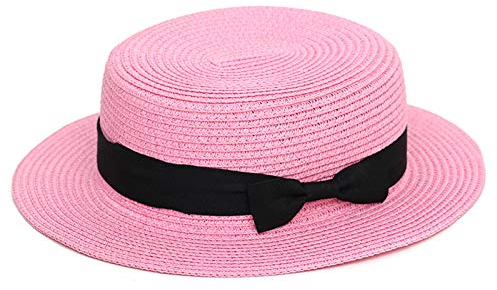 Elonglin Femme et Enfant Chapeau de Paille de Soleil Panama Capeline Chapeau Porkpie avec Nœud Papillon Rose Clair Adulte