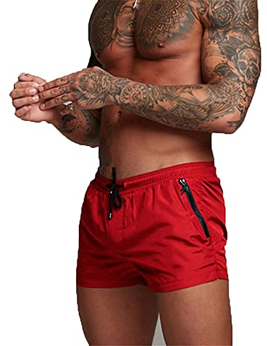 TMEOG Badehose für Herren Schnelltrocknend Badeshorts Kurz Herren Badehose Männer Schwimmhose Boxer Badepants Wassersport Kurze Hose Schwimmshorts mit Reissverschluss(Knallrot, S)