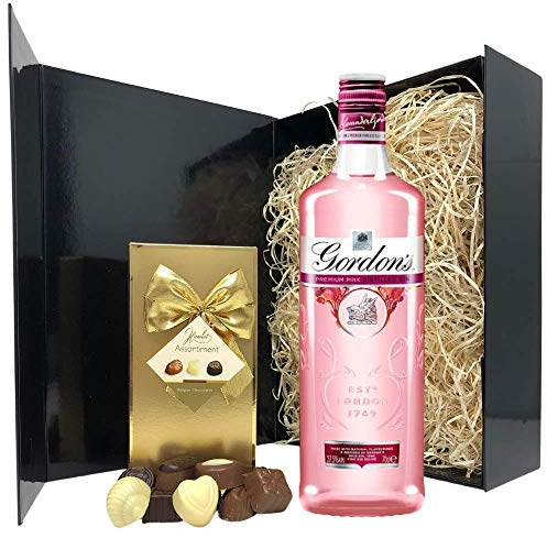 Pink Gin Gift Set - Valentine's Gifts for Her, Gin Hamper with 2 x 5cl Gordon's Pink Gin, Whitakers Pink Gin Chocolates, Gin Fizz Gummies, and 2 Bottles of Artisan Lemon Tonic