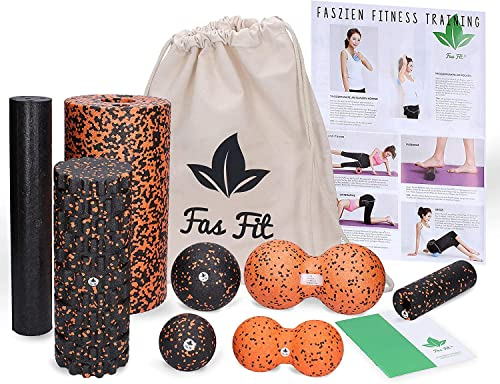 Fas Fit Lot de 8 rouleaux de massage pour fascias,Bleu,Entraînement des fascias pour le dos, la colonne vertébrale, le Pilates,Avec poster, e-book et sac de gym,Traversin de massage duoball