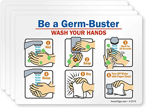 SmartSign Be A Germ-Buster - Wash Your Hands Handwäsche-Etikett, 8,9 x 12,7 cm, laminiertes Vinyl, 4 Stück