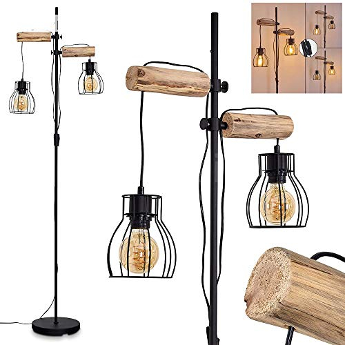 Lampadaire Gondo en bois et métal noir, luminaire à 2 lampes pendantes ajustables, style rétro-industriel, avec interrupteur sur le câble, pour 2 ampoules E27, ampoule(s) non incluse(s)
