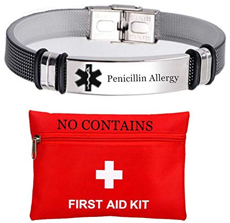 Edelstahl Maßgeschneiderte Medizinische Allergie Armbänder für Frauen Männer Personalisierte Allergische Alarm Armreif Tägliche Gesundheitsversorgung für Den Notfall Mit Aid Bag,Jetzt Anpassen
