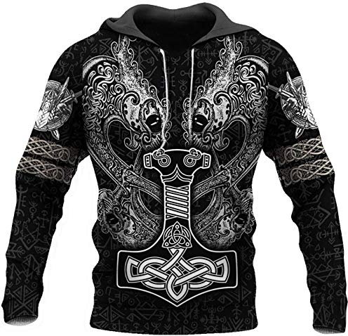 DFWY Viking Mjolnir Thor's Hammer Fenrir Sweatshirt Hoodie, Unisex Norse Tattoo Runes 3D Print Full Zip Lightweight Pullover, Fashion Vintage Personality Casual Jacket