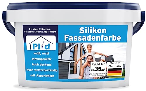 Plid® Silikon Fassadenfarbe Weiss Aussen matt 5L - für Beton, Mauerwerk, Kellerwand, Fassade & Sockel - Wandfarbe Weiß 5l - Aussenfarbe Weiss wetterfest - Außenwandfarbe - Aussenfarbe Fassade