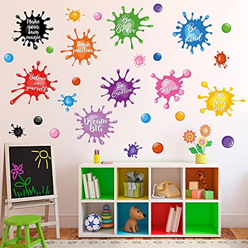 Colorful Inspirational Quote Wall Stickers Watercolor Paint Ink Splatter Splotches Wall Decals Motivational Letter Positive Sayings Phrases Educational Wall Sticker for Kids Classroom Playroom School