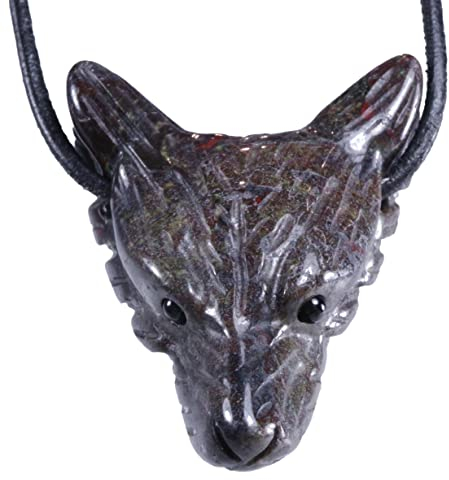 Lebensquelle Plus Wolfskopf Anhänger aus Edelstein | Tieranhänger Wolf | Gebohrter Anhänger mit Baumwollband (Drachenblut)