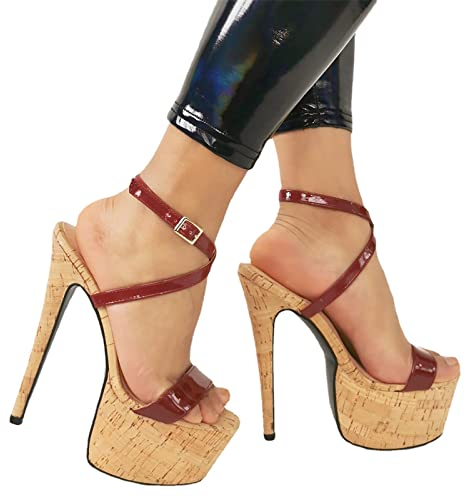 HYDgfiuf Damen Knöchelriemen High Heels Damen Plattform Open Toe Sandalen Sexy Stripper Club Pole Dance Heels Hochzeit Party Kleid Schuhe Große Größe,Red Wine,44