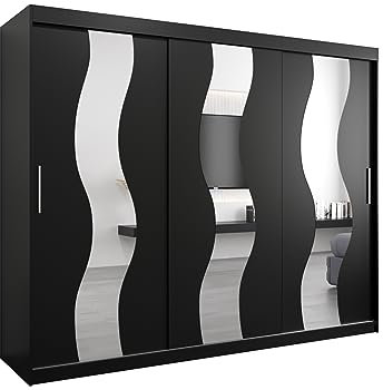 mb-moebel Armoire de Chambre avec 3 Portes coulissantes et Miroir Style Contemporain Penderie (Tringle) avec étagères (LxHxP): 250cmx200cmx62cm Reese (Noir)