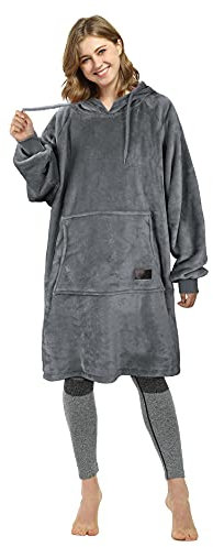 Catalonia Classy Fleece Kapuzendecke für Damen und Herren, weiche und warme, tragbare Kapuzendecke, langer Kapuzenpulli mit verstellbarem Kordelzug und Fronttasche, Dunkelgrau