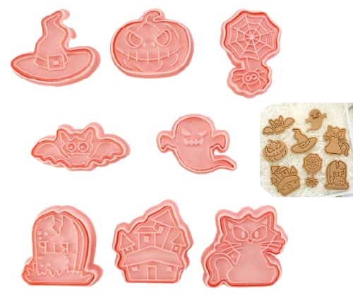 Halloween Cookie Cutter Set,8pcs 3D Plastic Cookie Stamps for Halloween Cake Decorations Party Supplies Favours,Embossed Stamped Fondant Cutters for Baking Set