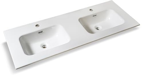 NORBE Lavabo ad Incasso (120x46 cm) in Ceramica | Lavandino a Due Vasche Design Moderno vasca rettangolare |Finitura Bianco Lucido| Lavamani no Piletta|Sanitari Bagno(120,8 x 46,5 X 2 cm - Due vasche)