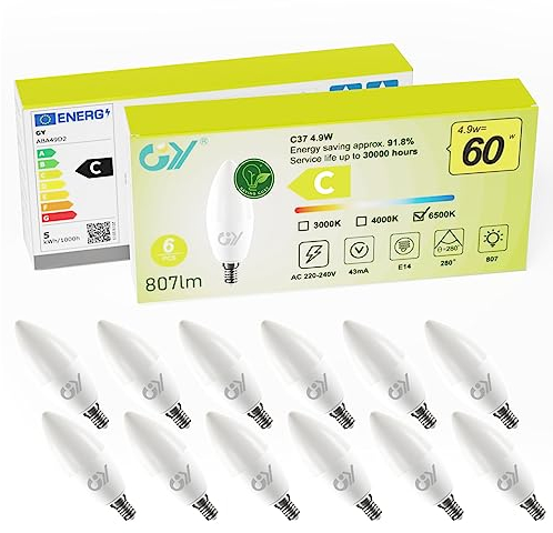 GY E14 LED Bulb Small Edison Screw SES Candle Energy Efficiency Bulb, 6500K Cool White 4.9W 807 Lumens,Equivalent to 60W, 280° Beam Angle Non-Dimmable, Pack of 12