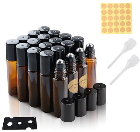 TECDW Lot de 20 pièces Bouteille Roll On Vide, Flacon Roll On Vide 10 ml avec Rouleau Acier Inoxydable, Bouteilles à Huile Essentielle En Verre Rechargeable pour Parfum, Cosmétiques, Lotion