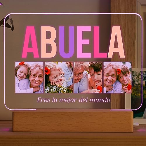 Transparent Gift Lámpara Personalizada Abuelo o Abuela con 4 Fotos y Texto. Regalos Originales para Cumpleaños, Navidad. Regalos Personalizados para Abuelos. Placa de Metacrilato con Base de Madera