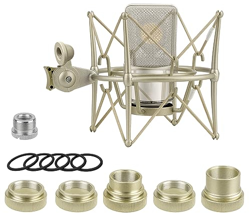 GeekriaforCreatorsSoporte de choque para micrófono compatibleconNeumann TLM 103 TLM 102 U 87 Ai TLM 49 Mic Adaptador de suspensión antivibración Abrazadera Clip desoporte para micrófono(champán/metal)
