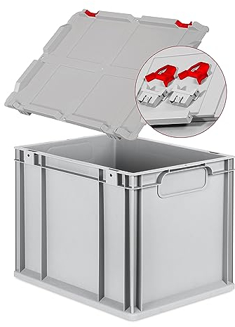 Eurobox NextGen Economy 40x30x32cm Griffe geschlossen mit Scharnierdeckel grau, Kunststoffbox 30 Liter stapelbar Transportbox, Campingbox Farbe Deckel-Verschlüsse wählbar (Verschlüsse Rot)