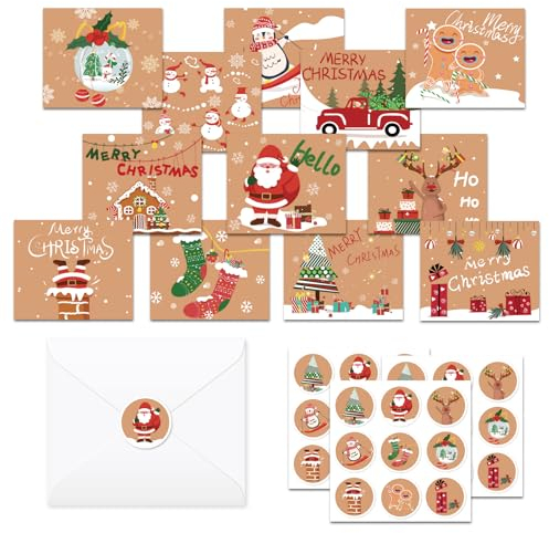 Weihnachtskarten Set, 24 Stück Kraft Frohe Karten Weihnachten mit Umschlägen und Aufkleber,Klappkarten Blanko Grußkarten Weihnachtspostkarten für Kinder Familie Weihnachten