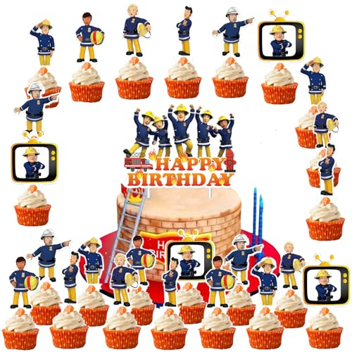Feuerwehrmann Sam Tortendeko, 25 Stück Tortendeko Feuerwehr, Feuerwehr Kuchen Deko, Feuerwehrmann Cake Topper, für Kinder Geburtstag Torten Deko