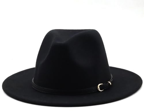HEYANN Fedora Hut Herren mit breiter Krempe Damen Herren Klassische mit Gürtelschnalle Filz Unisex Trilby-Hut Herren Panama Hut Jazz Hut für Damen Herren (M, Schwarz)