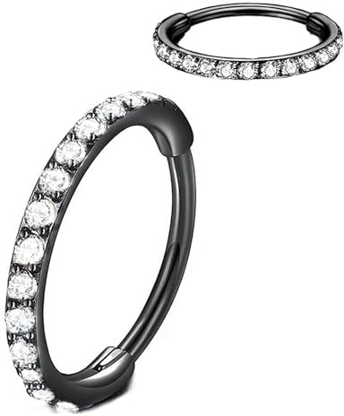 Artskin Grade 23 Titanium Hinged Nose Rings CZ Hoops Body Piercing Rings Helix Cartilage Rook Earrings 16G Diameter 7mm Cubic Zirconia Rings Black