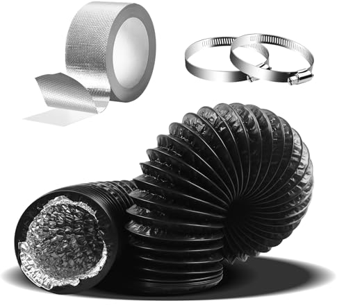 4IN*1.5M 4Inch 5FT Flexible Aluminum Ducting Air Duct Black Air Duct Pipe PVC Lightproof Vent Hose for 100mm Tumble Dryer Vent, Fan Filter and Grow Tent, 2 Hose Clamps and 1 Aluminum Foil Tape