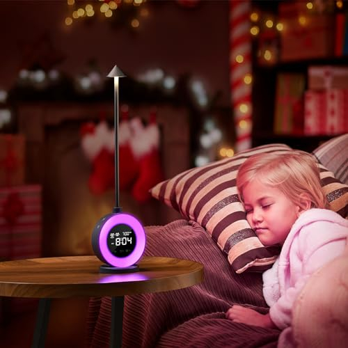 Morwealth Lampe de chevet LED Dimmable, Lampe de table LED sans fil avec horloge/réveil/sommeil/lumière de nuit RVB avec 7 bruits de sommeil Lampe de bureau pour chambre,salon