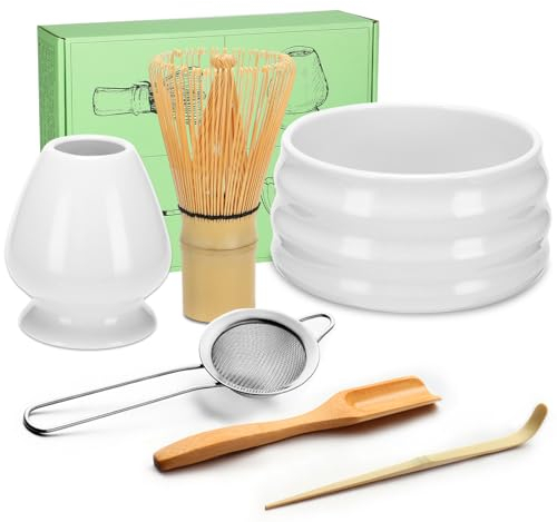 Geebuzz Matcha Whisk Set - Matcha Bowl and Bamboo Matcha Whisk, Scoop, Spoon, Sifter, Whisk Holder, 6pcs Perfect Matcha Starter Kit for Matcha Tea Ceremony (White)