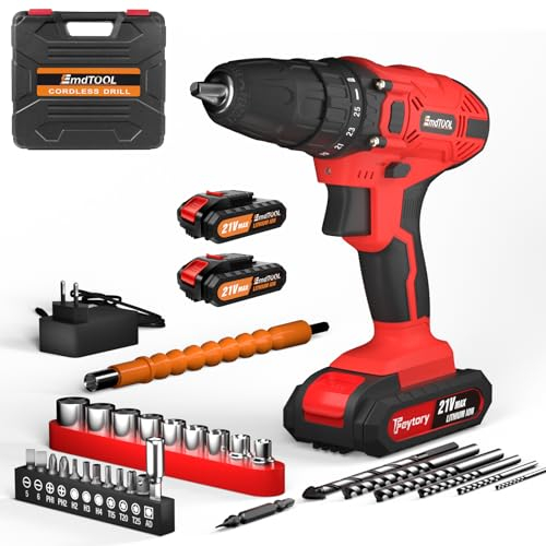 21V Akkuschrauber Set, Rot Akku bohrschrauber mit 2 Akkus 1,5Ah und Ladegerät, 25+1 Drehmomentstufen, 45Nm Max schlagbohrschrauber, 2-Gang & LED, 26PCS Zubehöre Set für Haus und Garten DIY Projekt