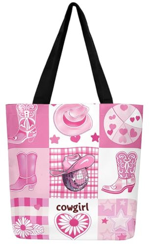 Rosa Western Cowgirl Canvas Tote Bag Cowboy Stiefel Hut Wiederverwendbare Lebensmitteltasche Disco Cowgirl Umhängetasche Plaid Grids Daisy Sterne Herzen Shopping Handtasche Zum Einkaufen, Arbeit, Gym