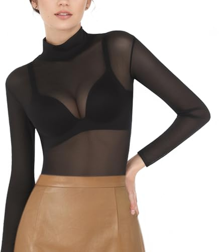 FANGCCC Mesh Oberteil Damen, Sexy Festival Oberteil Damen Transparent Netz Oberteil Durchsichtige Tüll Netzoberteil Casual Langarm Tops für Party