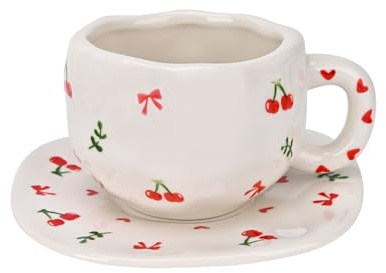 Koythin Ceramic Coffee Mug with Saucer Set, Cute Creative Cherry Bow Cup Unique Irregular Design for Office and Home, 10 oz/300 ml for Latte Tea Milk