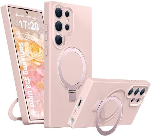 BENTIACC Liquid Silikon hülle für Samsung Galaxy S23 Ultra, Magnetischer Robust Standring, [Upgraded Kameraschutz] 4-Layer stoßfeste Schutzhülle, Soft Mikrofaserfutter Kratzfes Schutzhülle (Rosa)